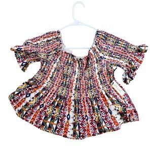 Liberty Love Crop Top M Women BOHO Stretch Elastic Flutter Sleeves Hem Aztec NEW